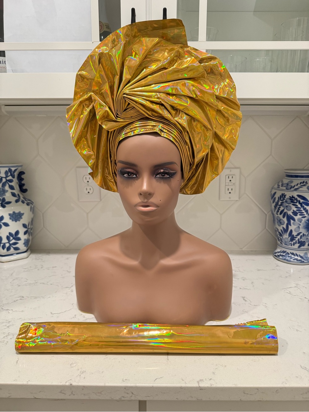 Shiny 2p Gold Metallic Leather Auto Gele Headwrap